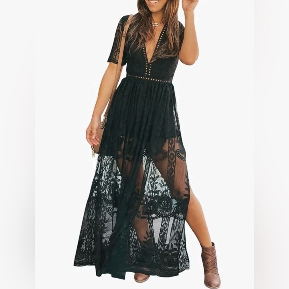 Socialite Black Sheer Lace Romper / Maxi Dress Overlay